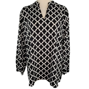 Betsys Boutique Shop Womens Large Black White Long Sleeve Split Side Tunic Shirt